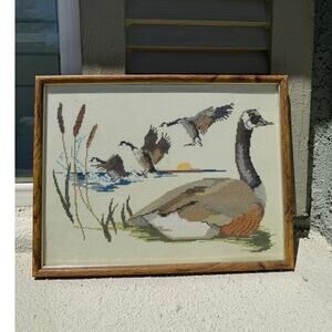vintage framed cross-stitch piece The Canada Goose Wildlife Series  70s cabin